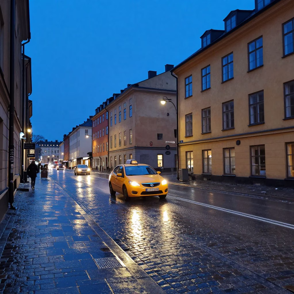 Evening Blue Light Over Stockholm Södermalm Street with Yellow Taxi and Tram in in Stockholm, Sweden