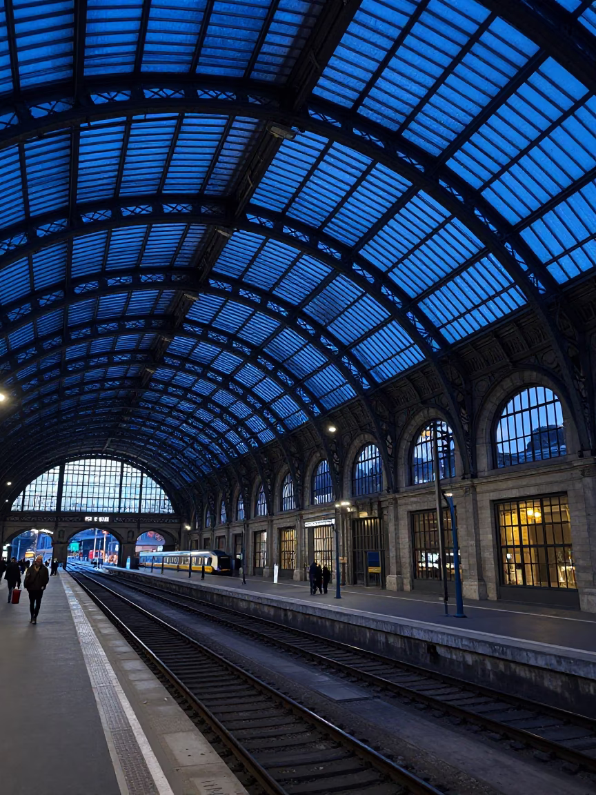 Evening Blue Light Rome Italy Historic Train Station Arched Roof Platform in in Rome, Italy
