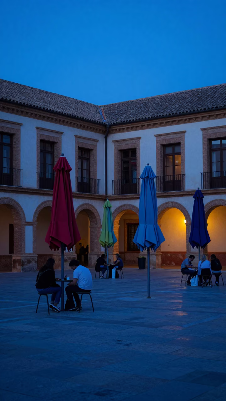 Evening Blue Light Valencia Spain University Courtyard Umbrellas and Students in in Valencia, Spain