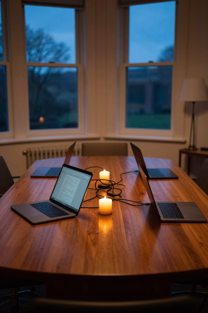 Evening Boardroom Table with Laptops and Cables in inside a conference room near Livingstone