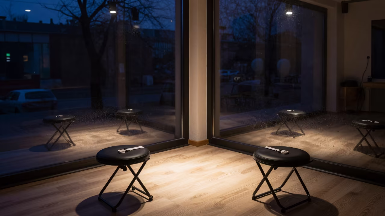 Evening Breathwork Studio with Pulse Clips and Stools in inside a spin studio under class lights in Lviv