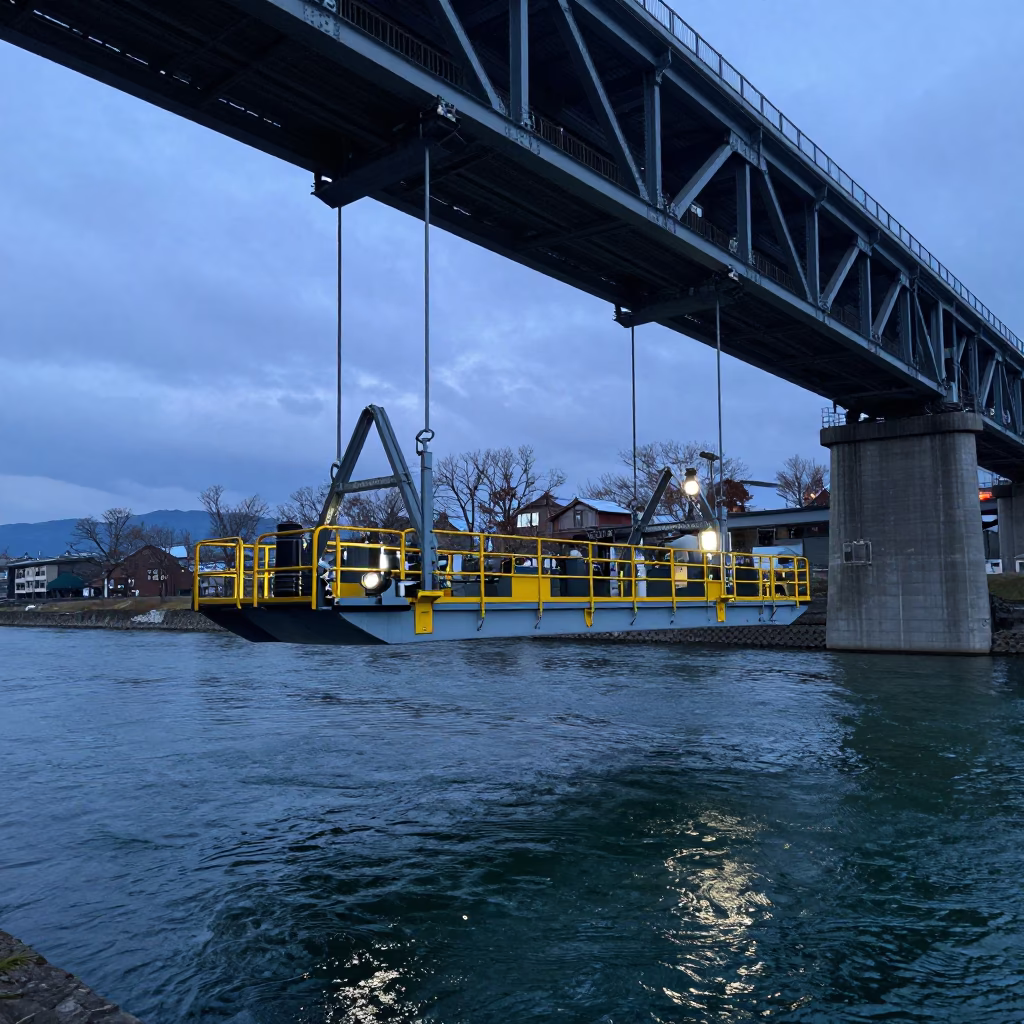 Evening Bridge Maintenance Cradle Over Green River Water in Sapporo Japan in in Sapporo, Japan
