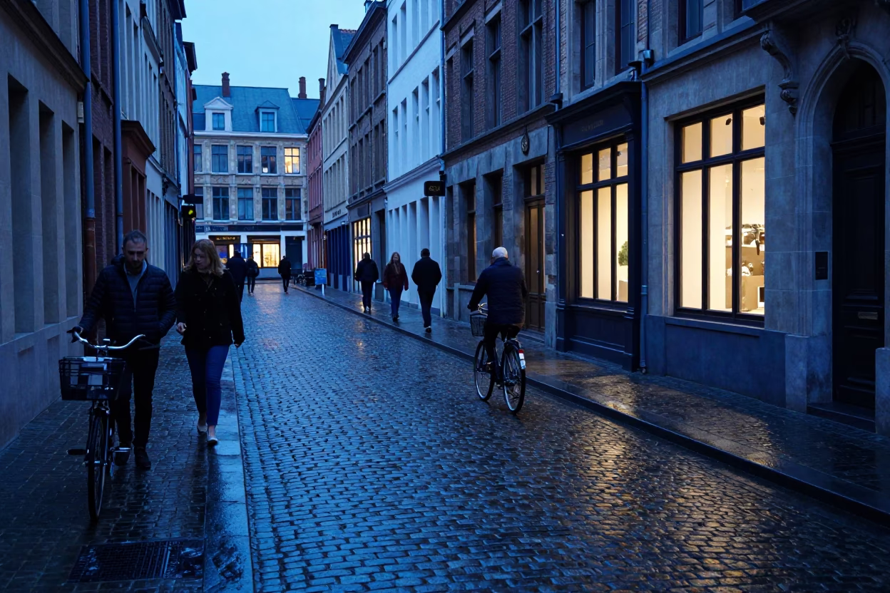 Evening Brussels Belgium Cobblestone Street Scene with Bicycle and Pedestrians in Blue Hour Light in in Brussels, Belgium