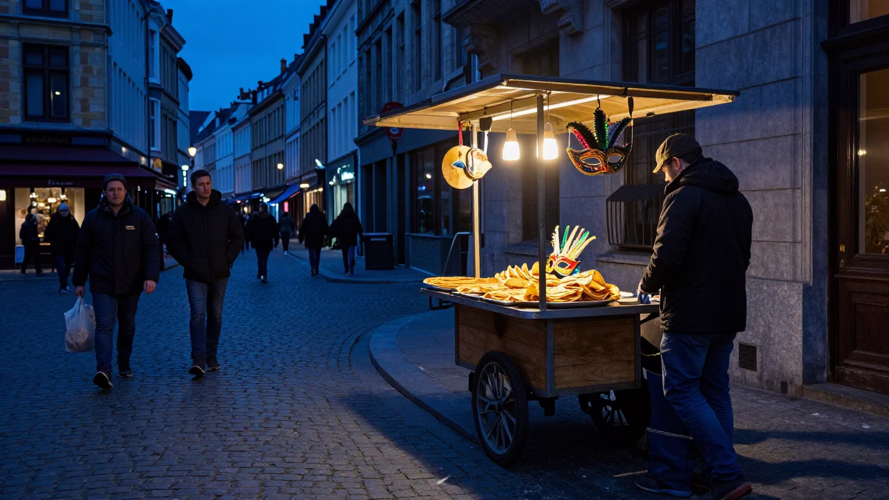 Evening Brussels Street Scene with Carnival Mask and Local Street Food in in Brussels, Belgium