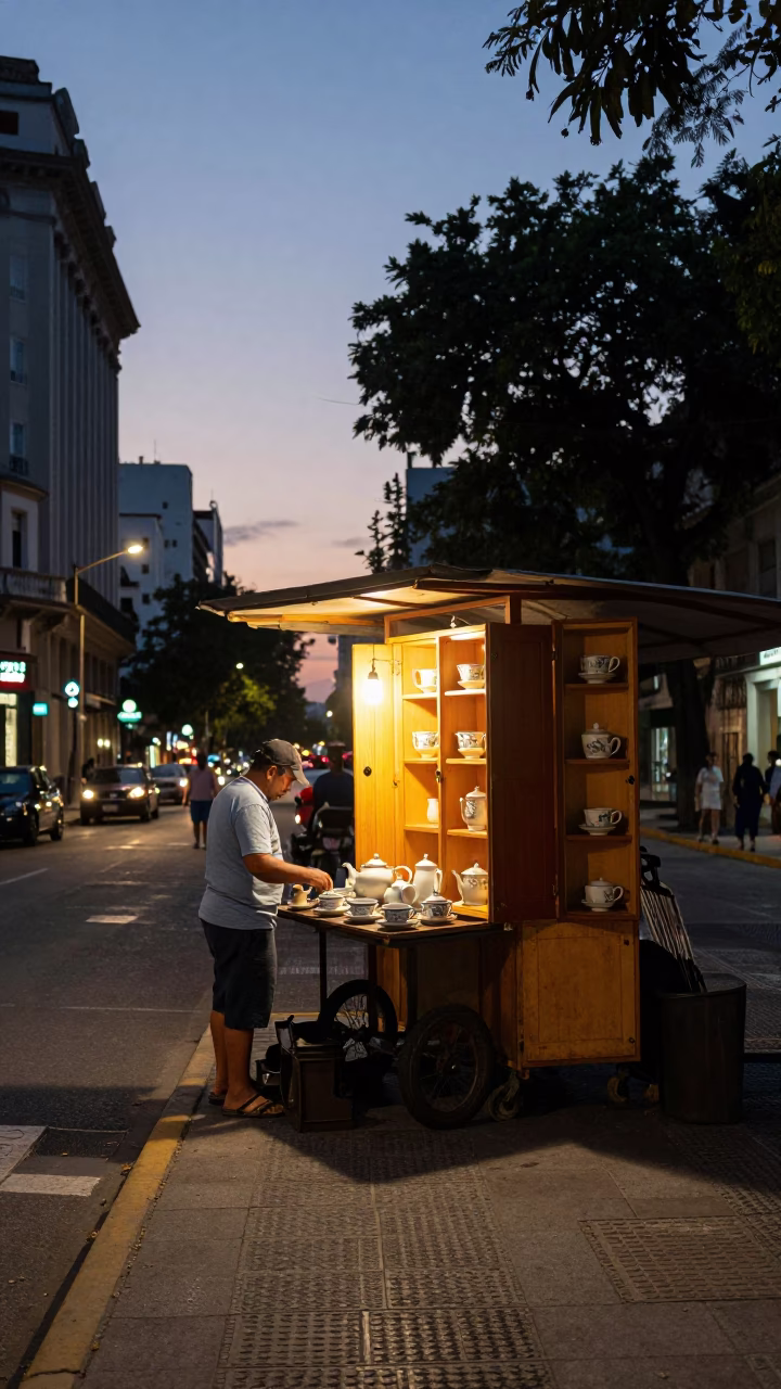 Evening Buenos Aires Street Scene with Teapot and Cupboard Doors in in Buenos Aires, Argentina