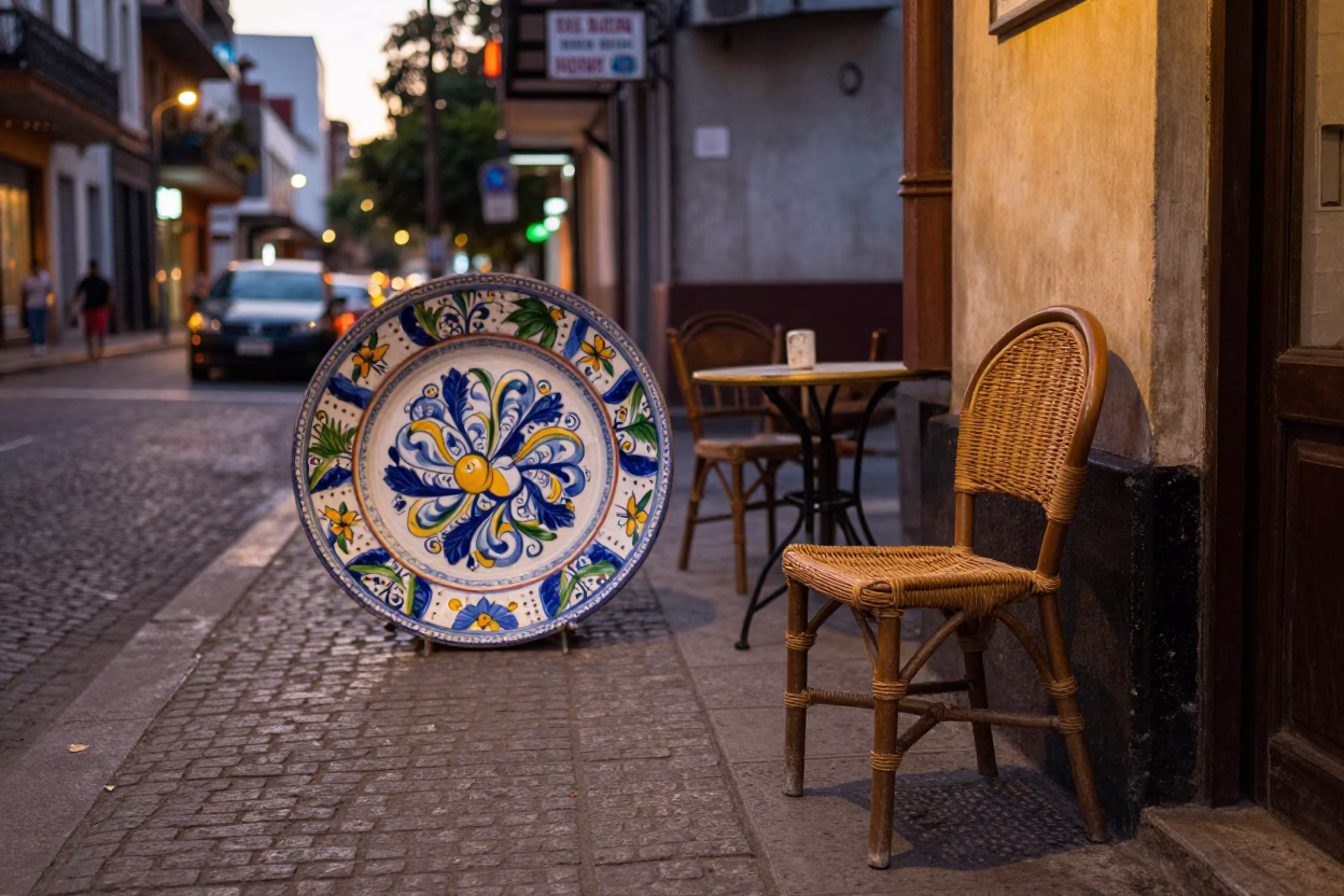Evening Buenos Aires Street Scene with Vintage Italian Majolica Plate and Rattan Chair in in Buenos Aires, Argentina