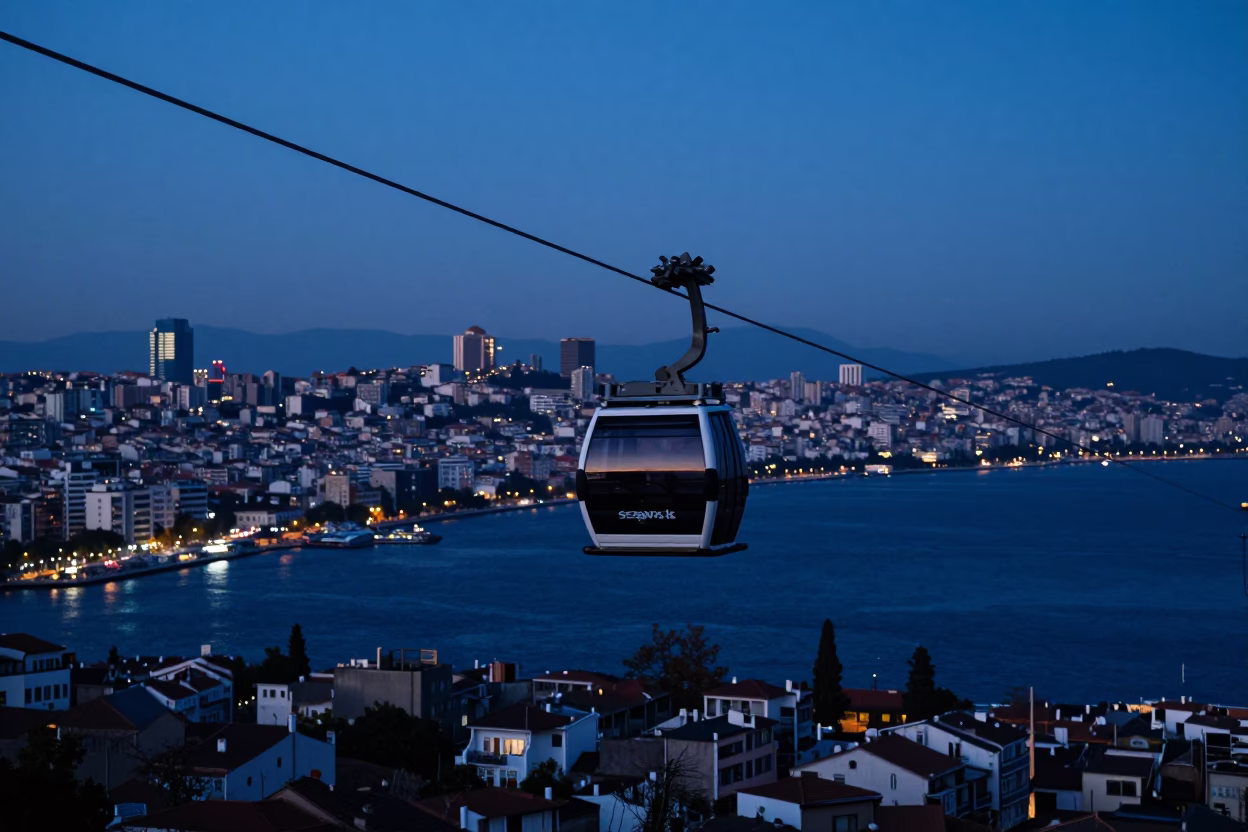 Evening Cable Car Crossing Over Izmir Bay Against Deep Blue Sky in in Izmir, Turkey