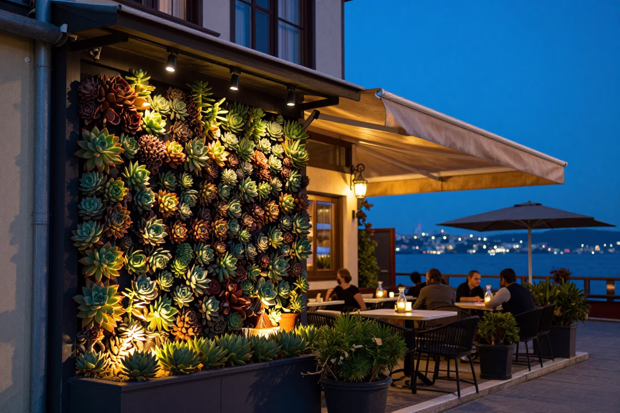 Evening Cafe Terrace in Istanbul with Succulent Wall and Carafe in in Istanbul, Turkey
