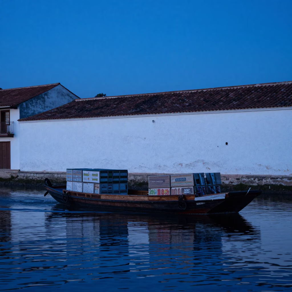 Evening Canal Barge in Cartagena Colombia Last Blue Light of Dusk in in Cartagena, Colombia