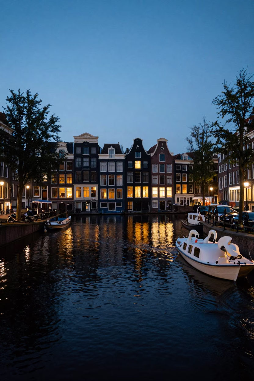 Evening Canal Scene in Amsterdam Netherlands with Swan Pedal Boat and Brick Architecture in in Amsterdam, Netherlands