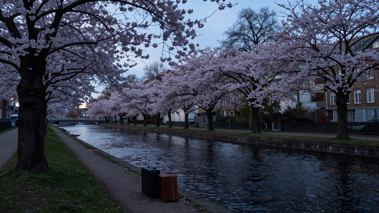 Evening Canal Scene in Berlin Germany with Cherry Trees and Suitcases in in Berlin, Germany