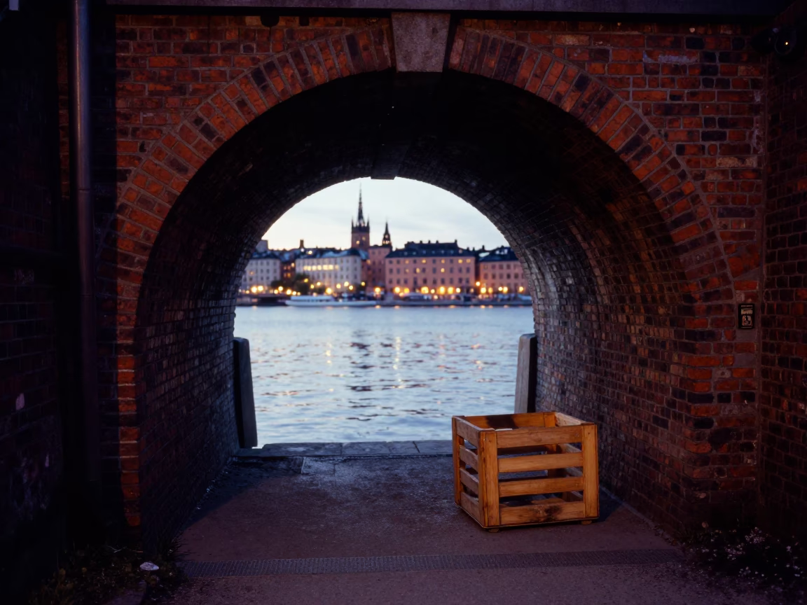 Evening Canal Scene in Stockholm Sweden with Brick Tunnel and Wooden Crate in in Stockholm, Sweden