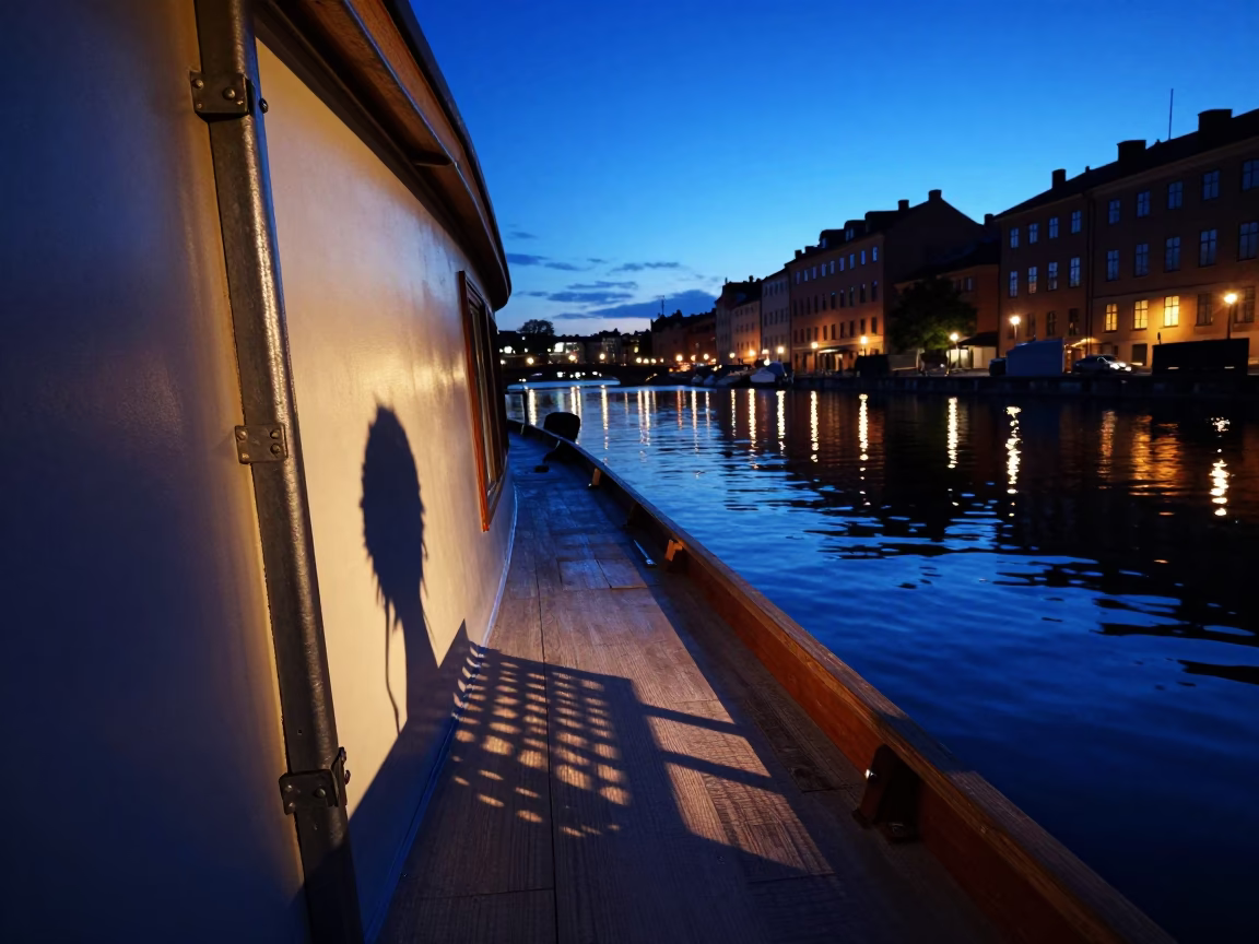 Evening canal scene in Stockholm with wicker shadow on barge hinge and weeping willow in in Stockholm, Sweden