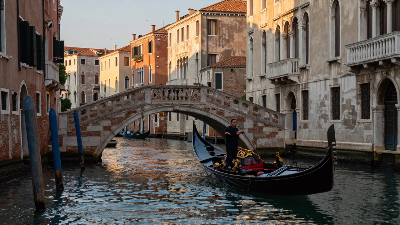 Evening Canal Scene in Venice Italy with Gondola and Traditional Architecture in in Venice, Italy