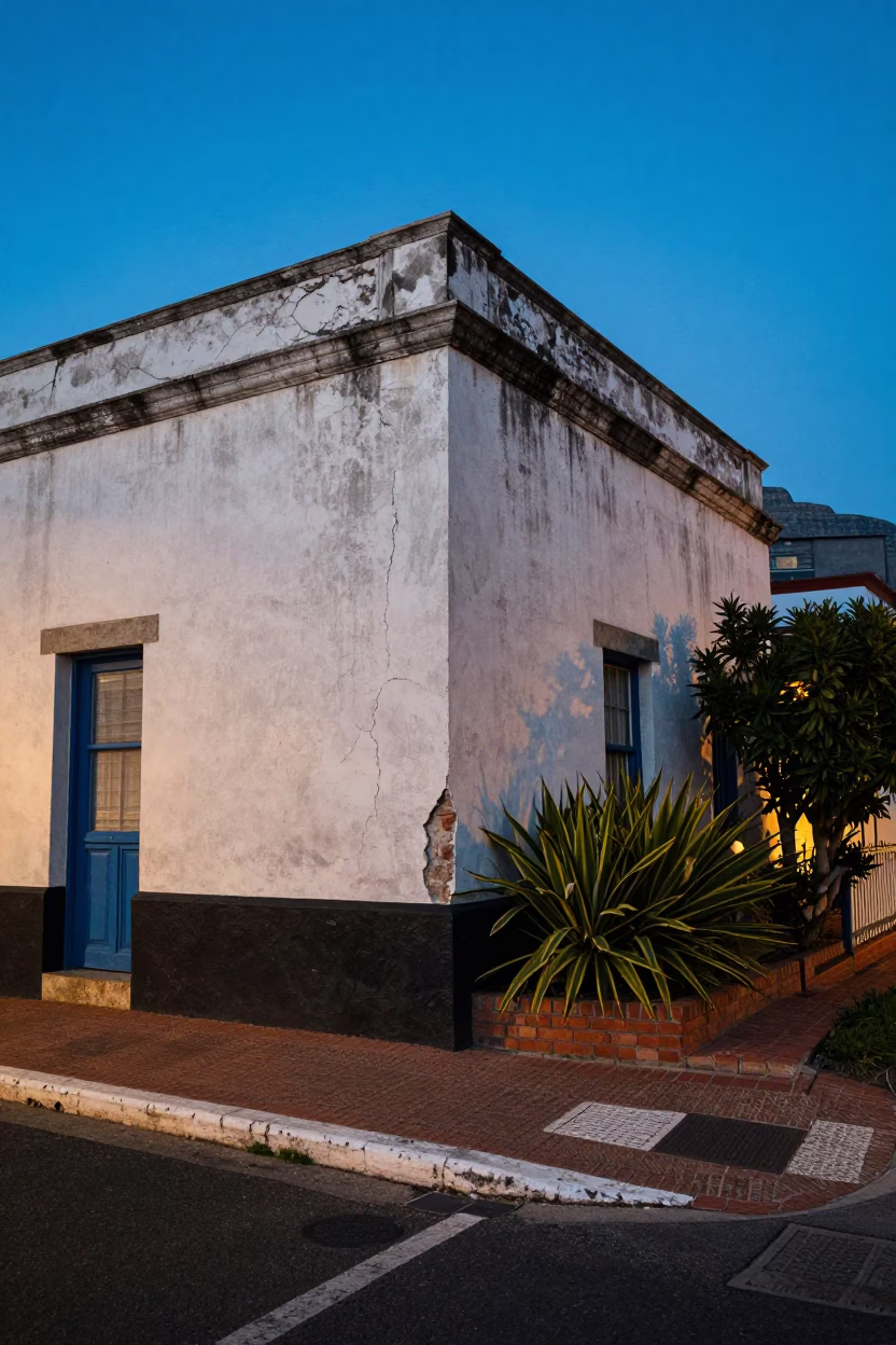 Evening Cape Town Street Scene with Cracked Stucco and Garden Tools in in Cape Town, South Africa