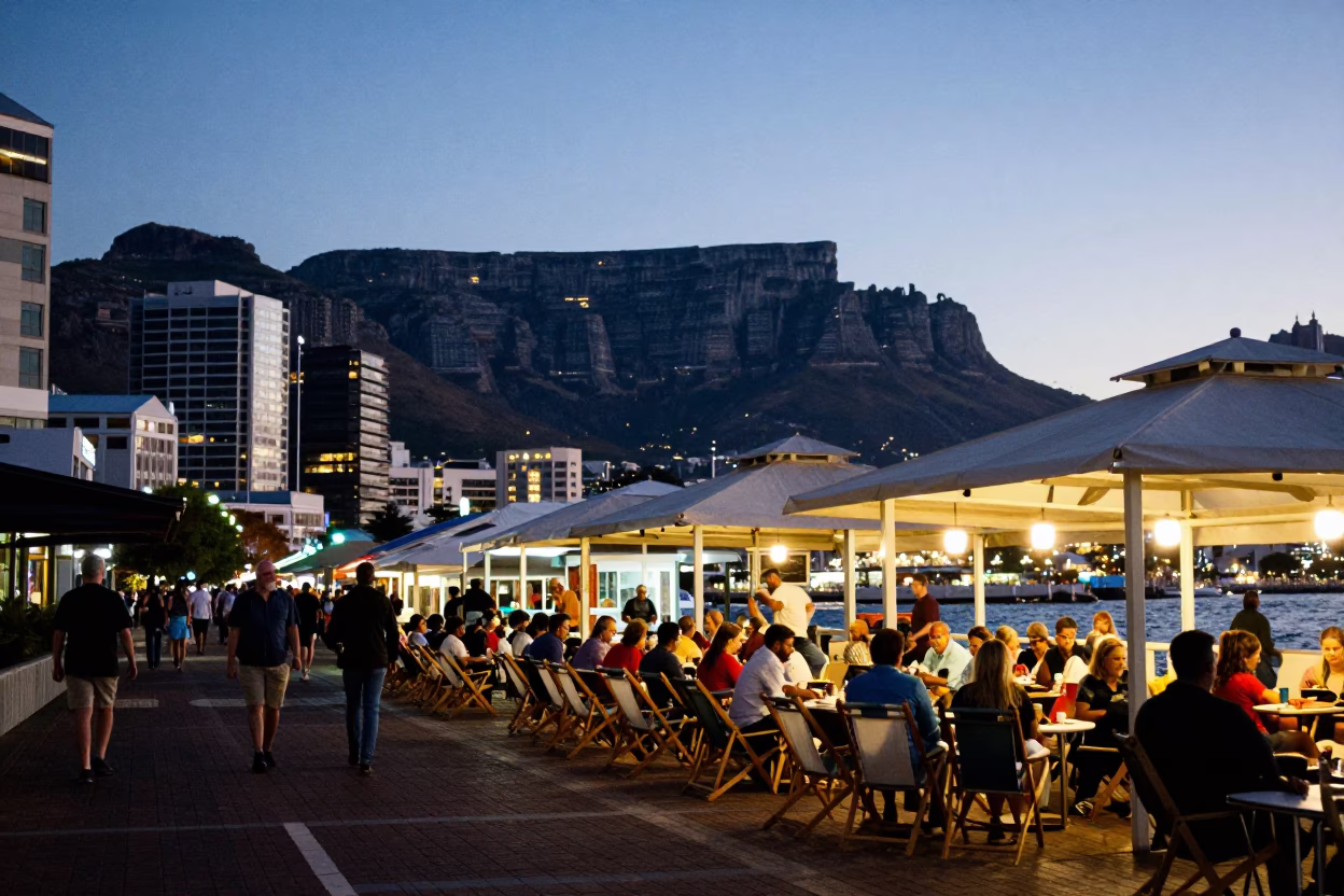 Evening Cape Town Street Scene with Deck Chairs and Local Activity in in Cape Town, South Africa