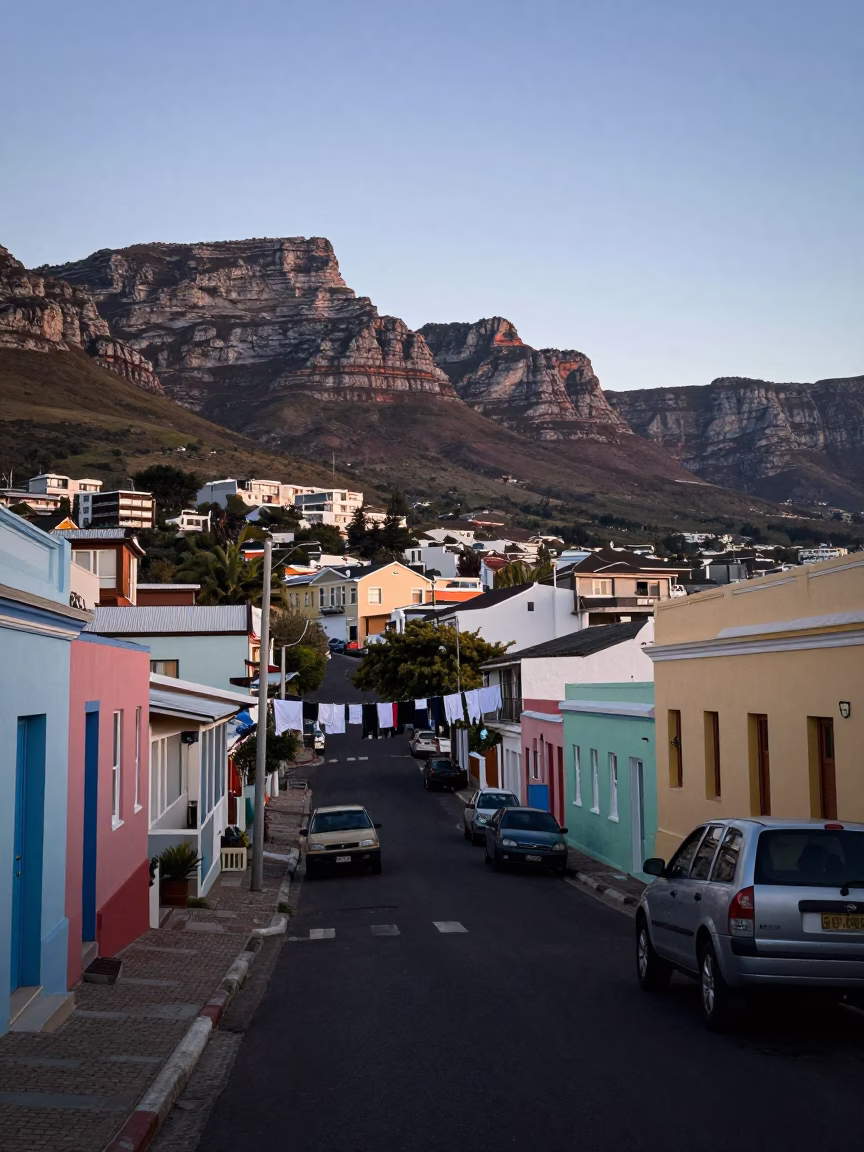 Evening Cape Town Street Scene with Laundry Lines and Deck Chairs in in Cape Town, South Africa