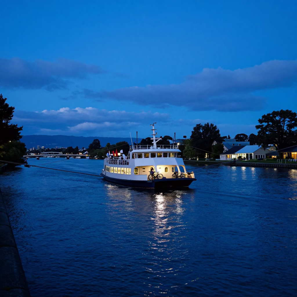 Evening Chain Ferry Crossing Avon River in Christchurch New Zealand in in Christchurch, New Zealand