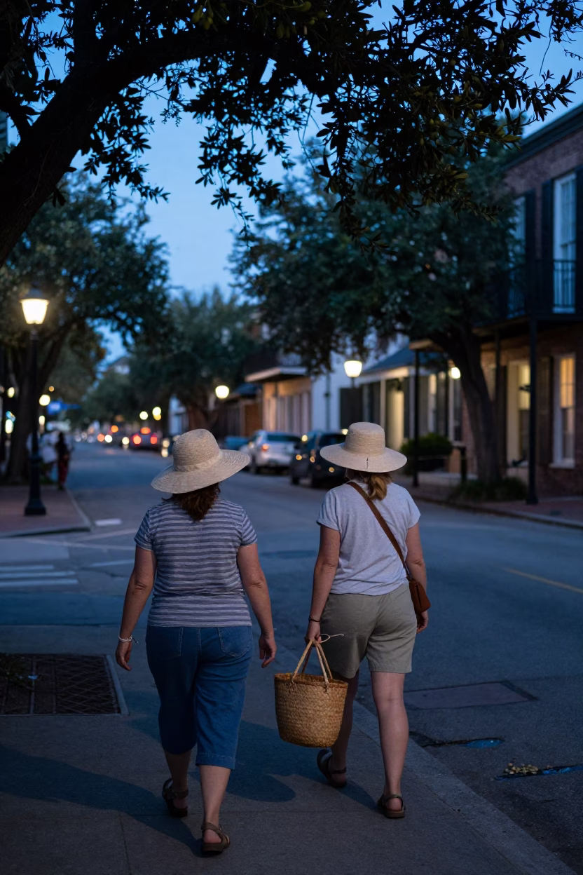 Evening Charleston Street Scene with Sun Hats and Olive Branch Detail in in Charleston, South Carolina, United States