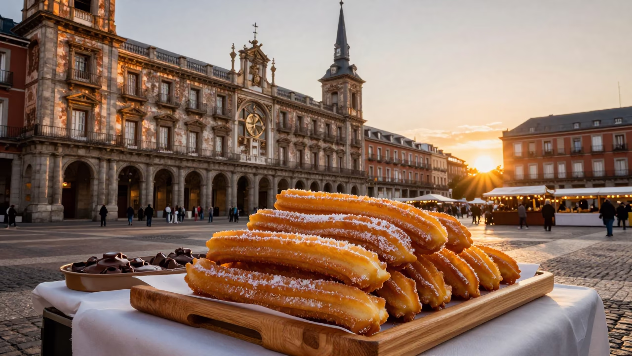 Evening Churros and Chocolate at Madrid Plaza Market in in Madrid, Spain
