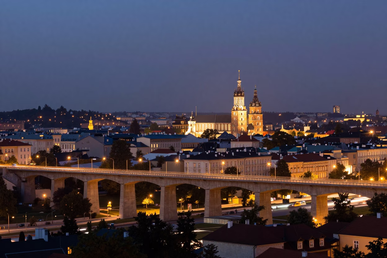 Evening City Lights Glow Over Historic Krakow Poland Viaduct Shadow and Allotment Gardens in in Krakow, Poland
