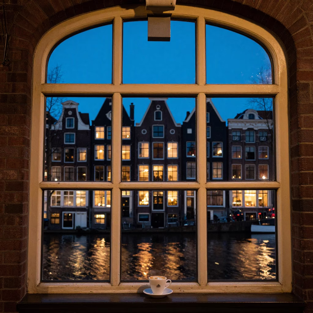 Evening Coffee in Amsterdam at As City Lights Begin To Glow in in Amsterdam, Netherlands