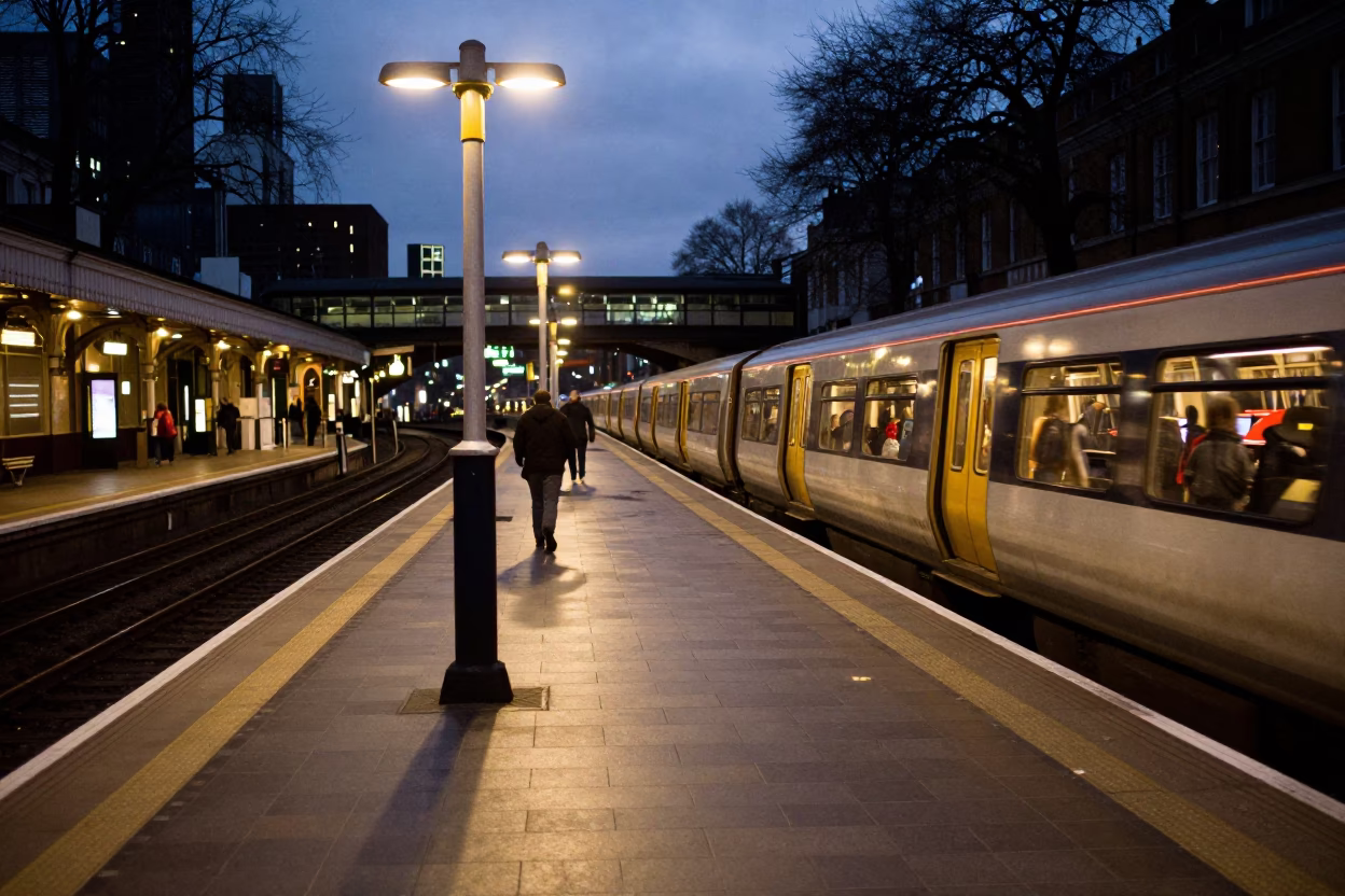 Evening Commute in London at As City Lights Begin To Glow in in London, United Kingdom