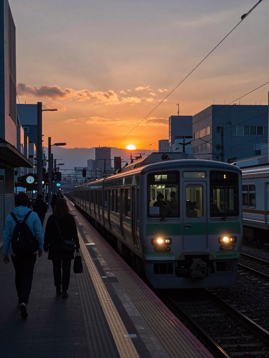 Evening Commute in Sapporo at As The Sun Drops Toward The Horizon in in Sapporo, Japan