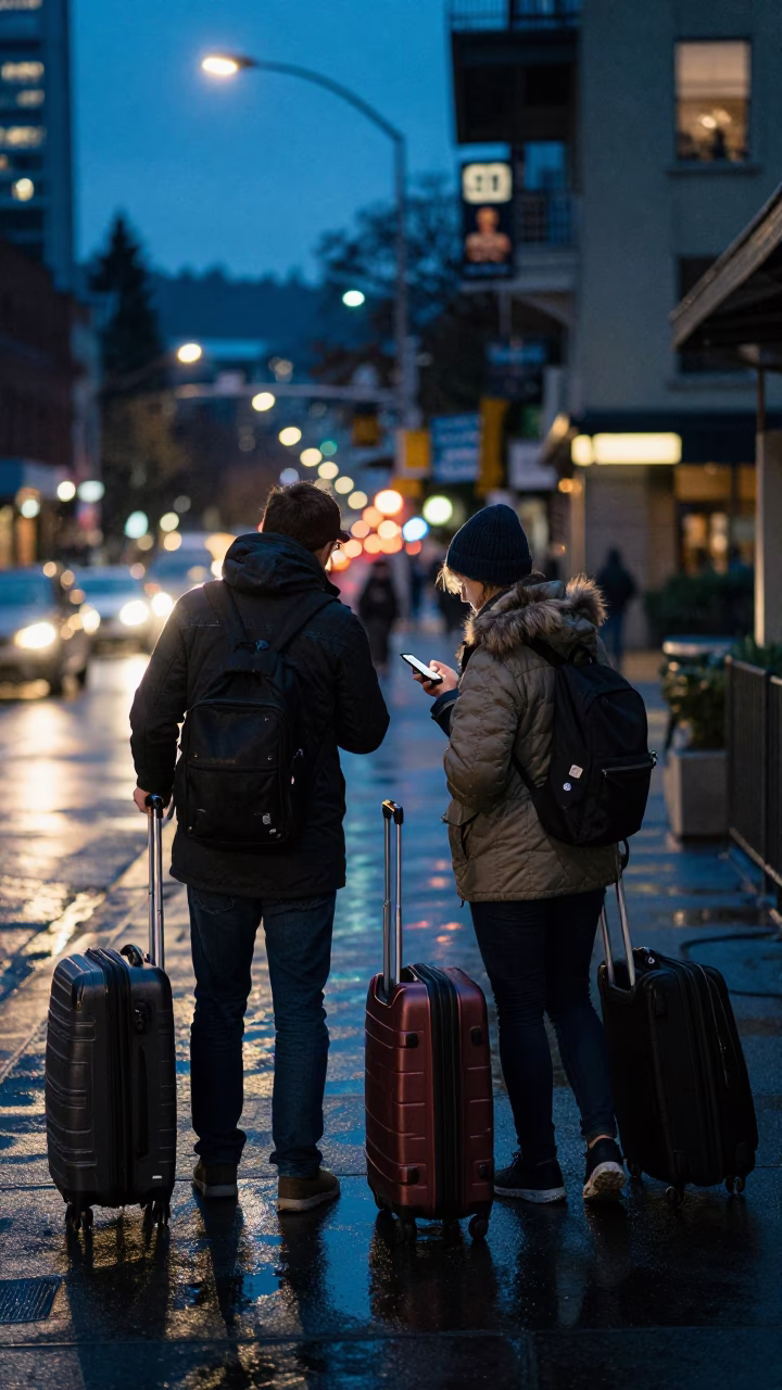 Evening Commute in Seattle Washington with Suitcases and City Lights in in Seattle, Washington, United States