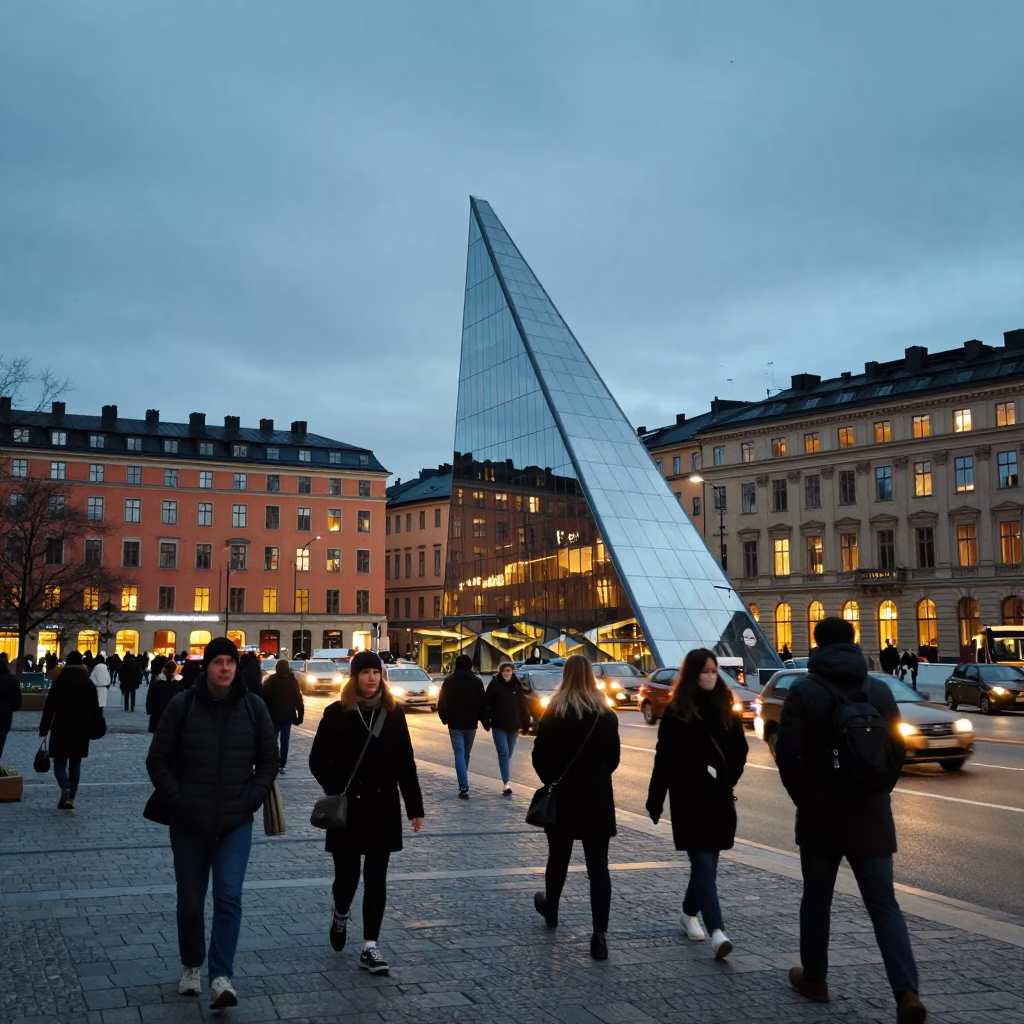 Evening Commute in Stockholm at As City Lights Begin To Glow in in Stockholm, Sweden