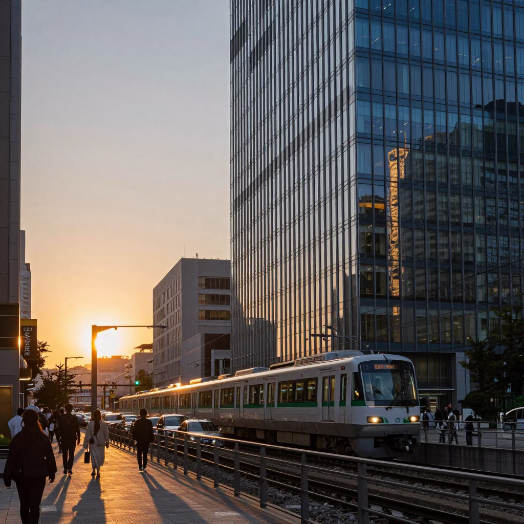 Evening commute on Fukuoka Monorail reflected in glass skyscraper windows near Hakata Station in in Fukuoka, Japan