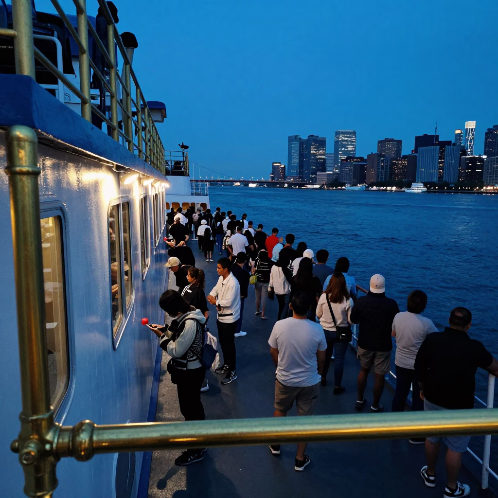 Evening Commute on New York City Ferry with Brass Details and Urban Skyline in in New York, New York, United States