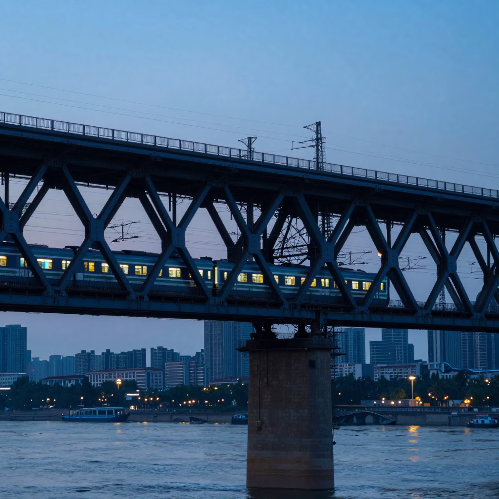 Evening Commuter Train Crossing Bridge in Beijing China Blue Hour Cityscape in in Beijing, China