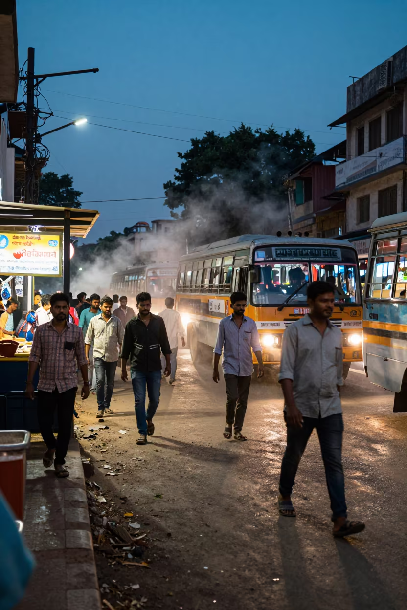 Evening Commuters Cross Bhopal Street With Bus Spray in beside a steamed-up bus shelter in Bhopal