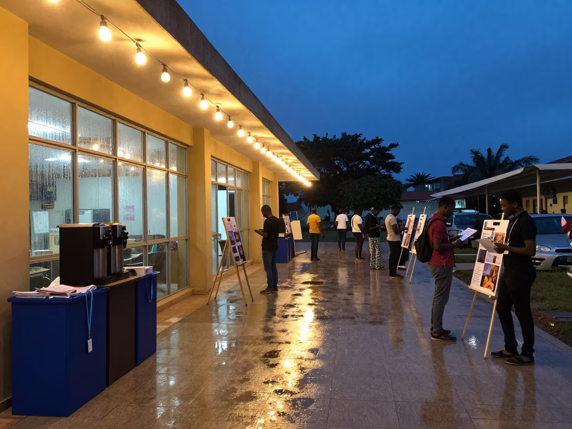 Evening Conference Foyer with Lanyards and Coffee in Bissau in in a quiet guest corridor in Bissau