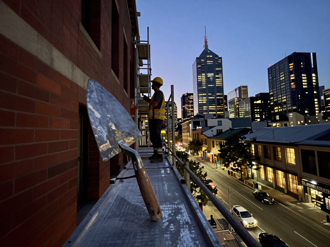 Evening Construction Crew on Scaffold in Melbourne Victoria with Mason's Trowel in in Melbourne, Victoria, Australia