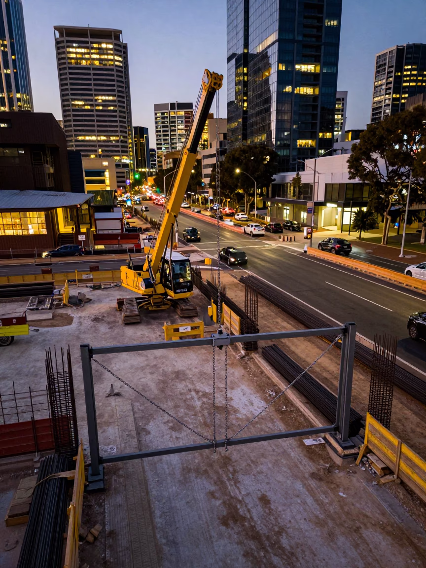 Evening Construction Site in Adelaide South Australia With Rebar Bundles And City Lights in in Adelaide, South Australia, Australia