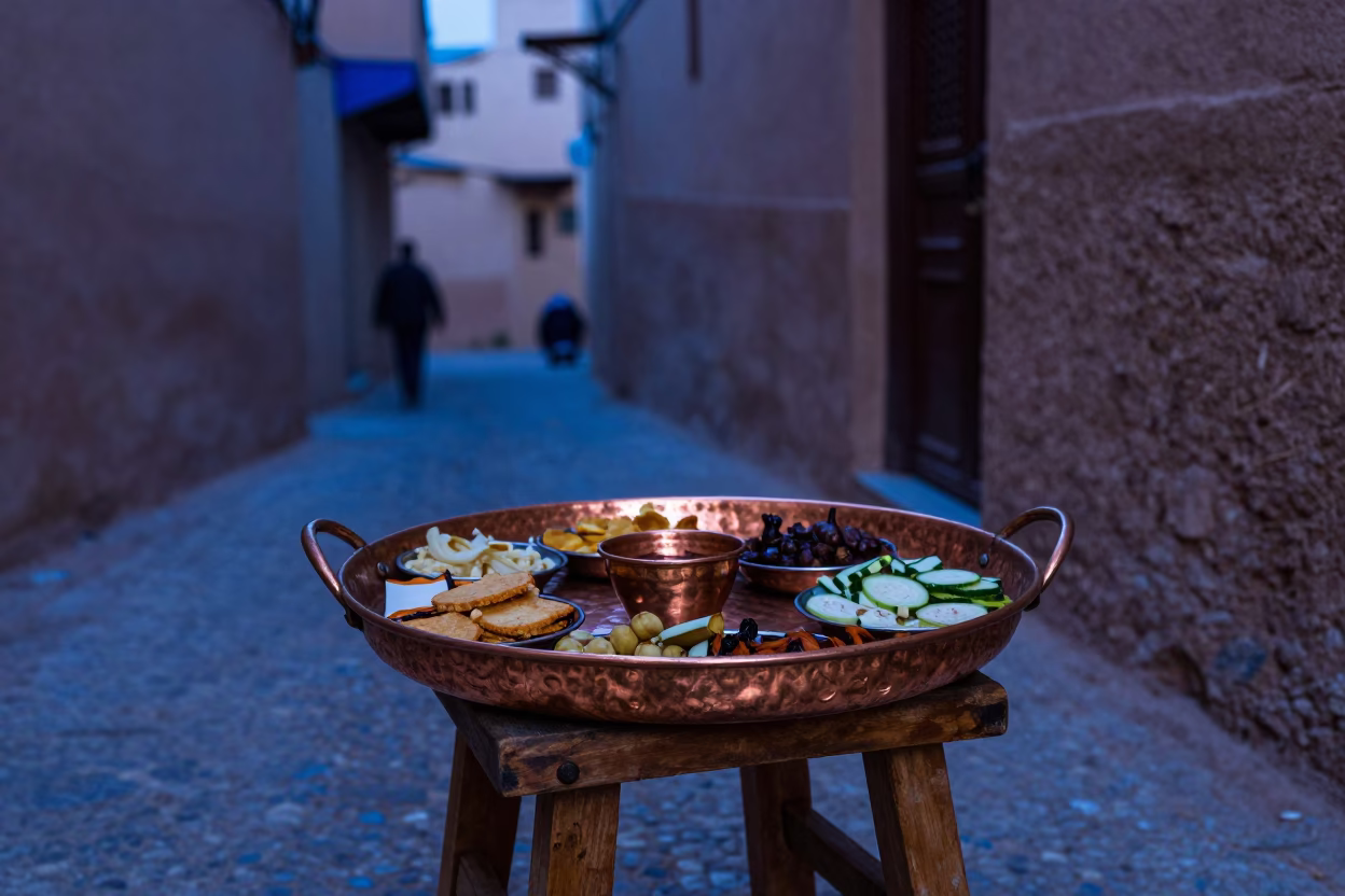 Evening Copper Mezze Tray in Marrakech Medina with Local Street Details in in Marrakech, Morocco