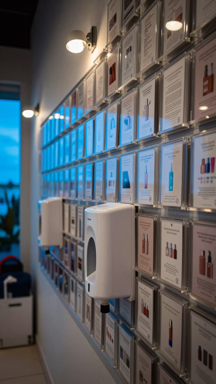 Evening Cosmetics Tester Wall Playa del Carmen in inside a stockroom behind the sales floor in Playa del Carmen