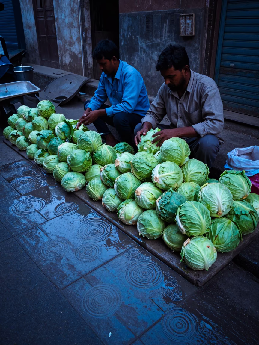 Evening Delhi Street Scene with Cabbages and Water Rings on Tile in in Delhi, India