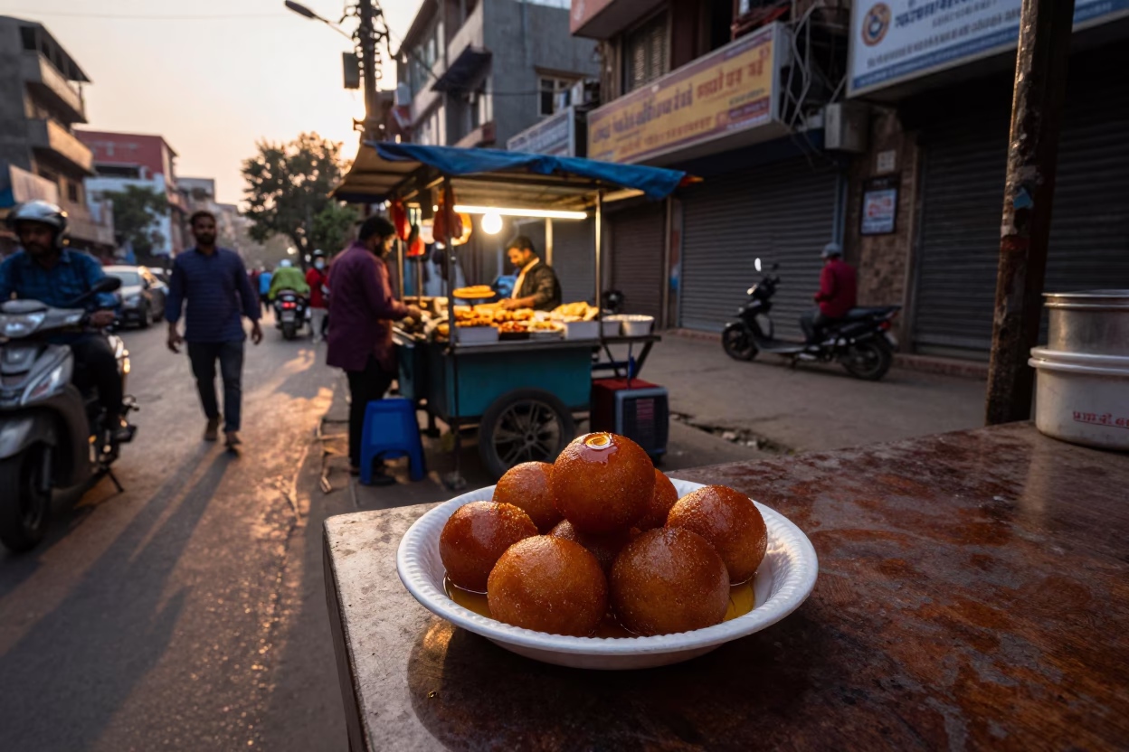 Evening Delhi Street Scene with Food Vendor and Urban Details in in Delhi, India