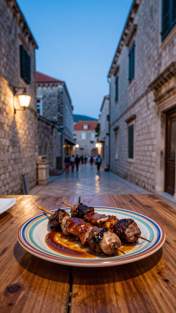 Evening dining in Dubrovnik Croatia with colorful plate of anticuchos on skewers in in Dubrovnik, Croatia