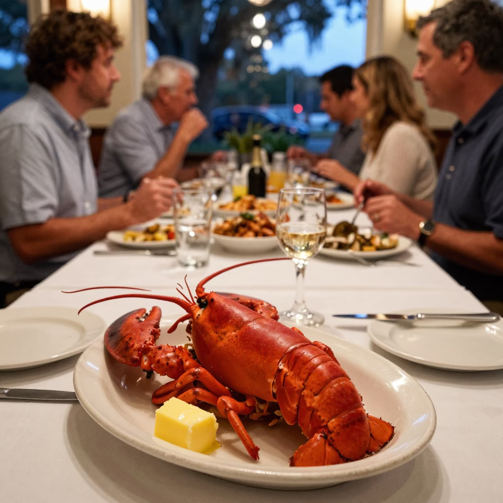 Evening Dinner at Charleston Seafood Restaurant with Lobster and Linen Napkins in in Charleston, South Carolina, United States
