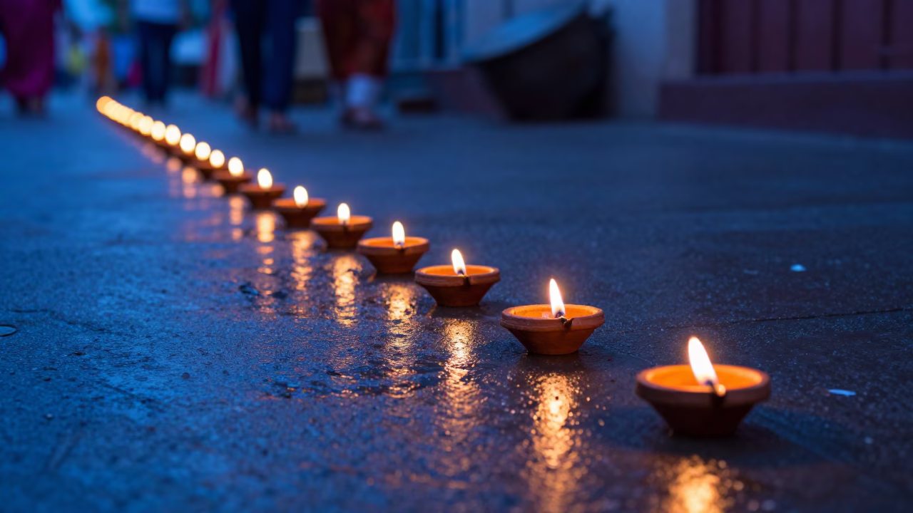 Evening Diwali Oil Lamps Illuminating Hyderabad Street Scene in Blue Hour Light in in Hyderabad, India