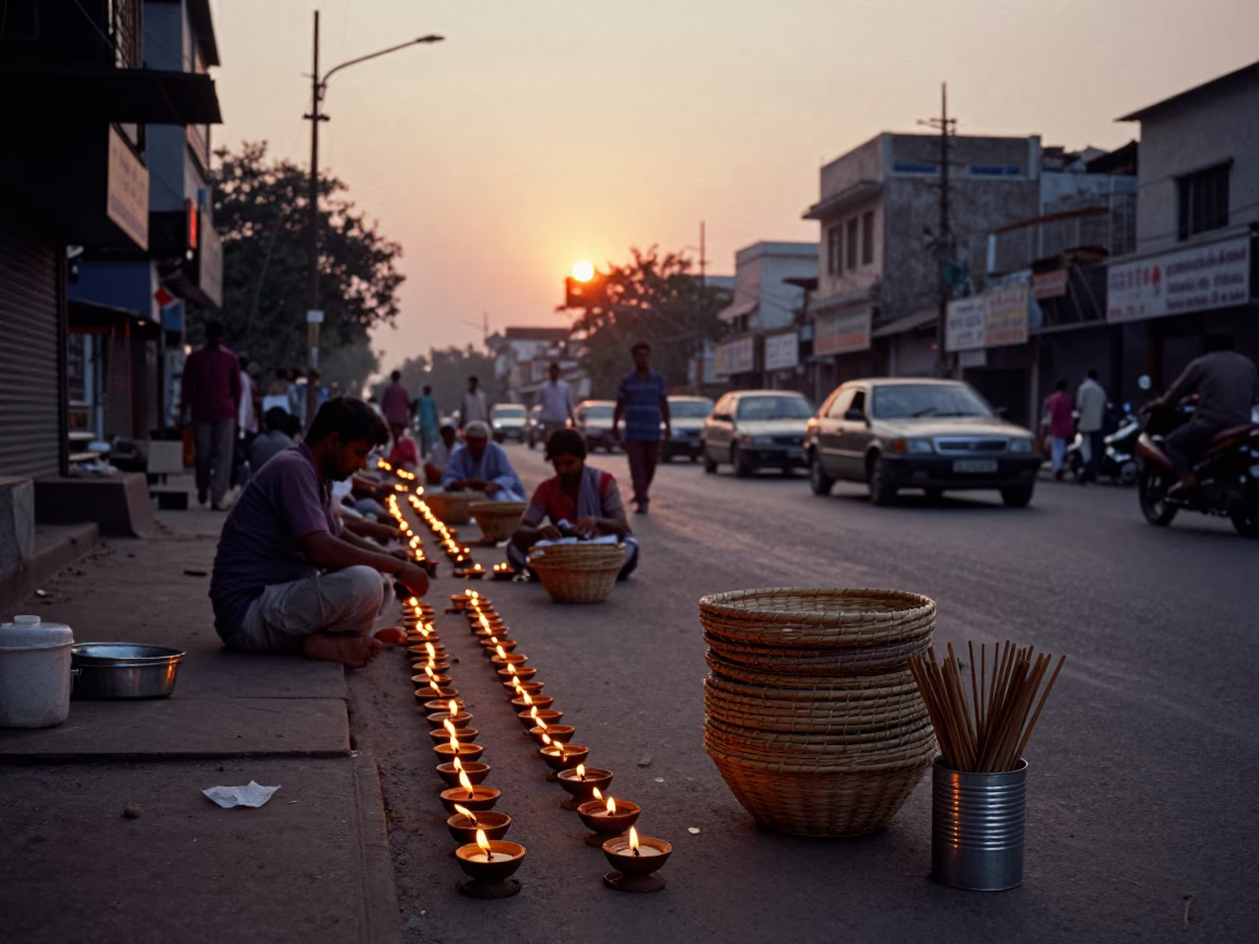 Evening Diwali Preparations in Delhi Street with Oil Lamps and Woven Baskets in in Delhi, India