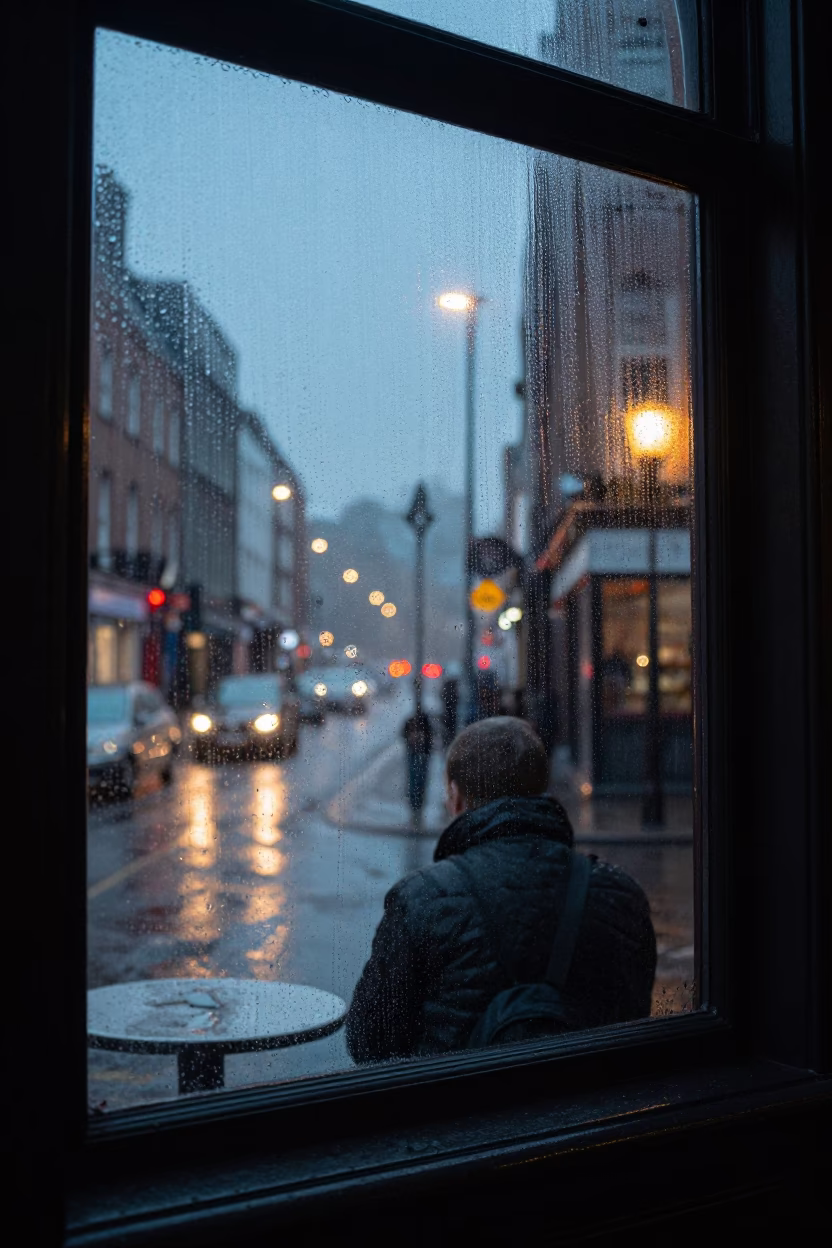 Evening Dublin Street Scene with Condensation on Window and Pedestrians in in Dublin, Ireland