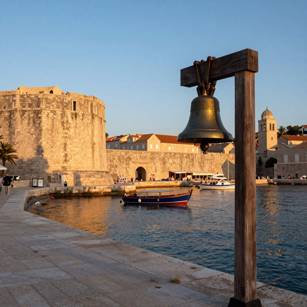 Evening Dubrovnik Harbor View with Brass Bell and Pilot Boat in Croatia in in Dubrovnik, Croatia