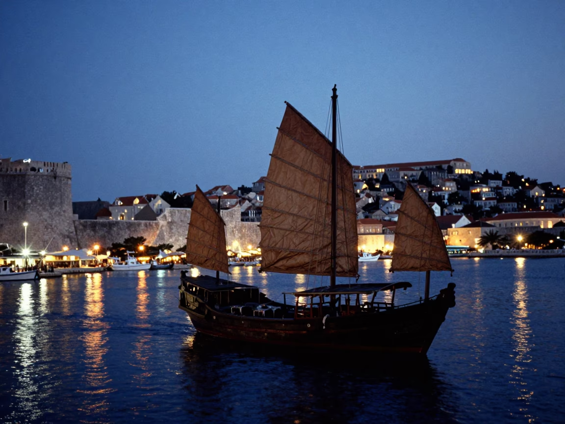 Evening Dubrovnik Harbor with Chinese Junk and City Lights Glow in in Dubrovnik, Croatia