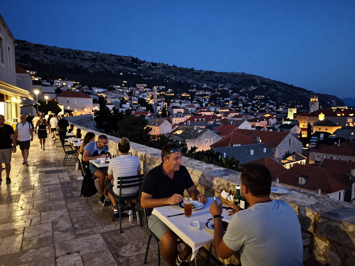 Evening Dubrovnik Street Scene with Local Diners and City Lights in in Dubrovnik, Croatia