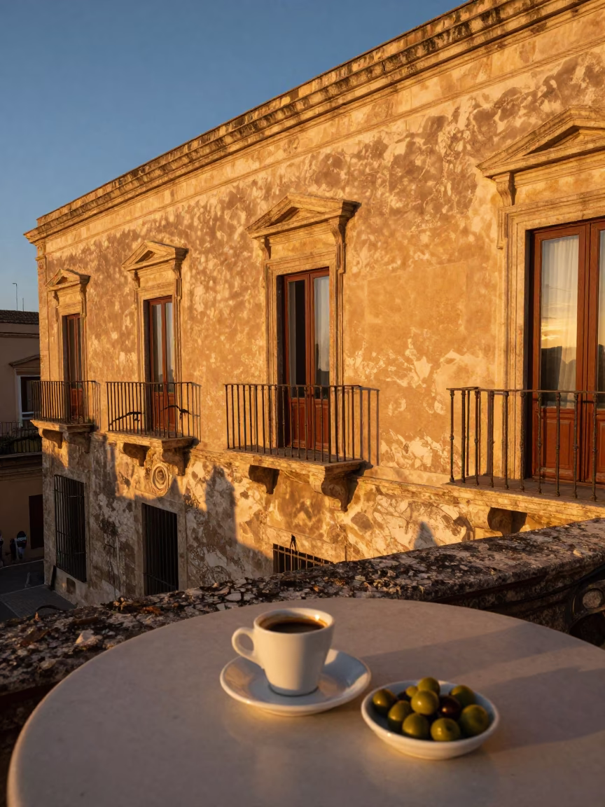 Evening Espresso and Olive Dish on Balcony in Palermo Italy in in Palermo, Italy